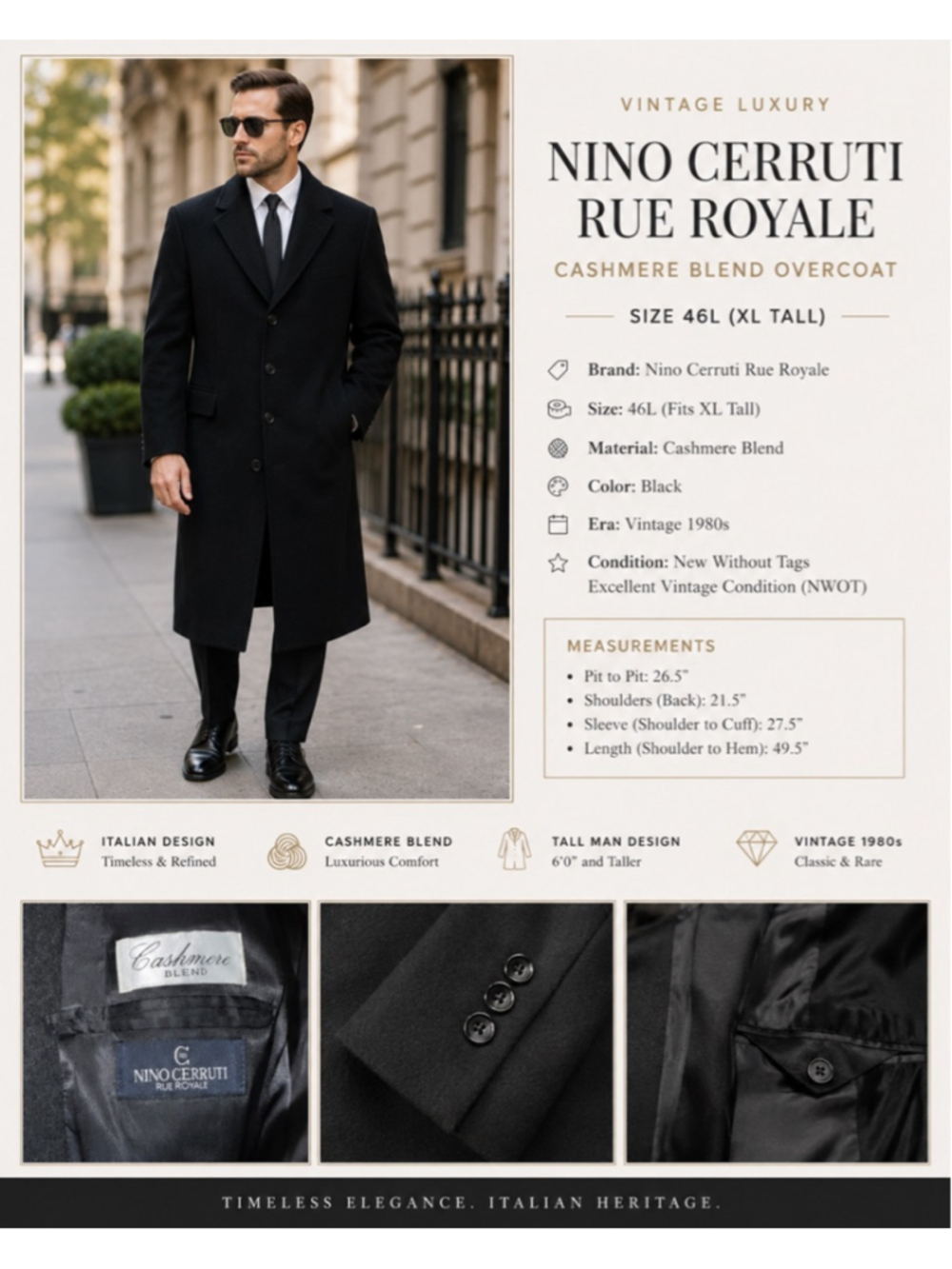 Vintage Nino Cerruti Rue Royale Cashmere Blend Overcoat Black 46L XL Tall NWOT - Picture 2 of 8